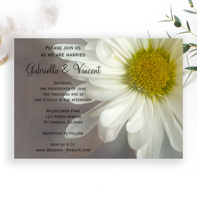 Soft White Daisy on Grey Wedding Invitation (Creator Uploaded)