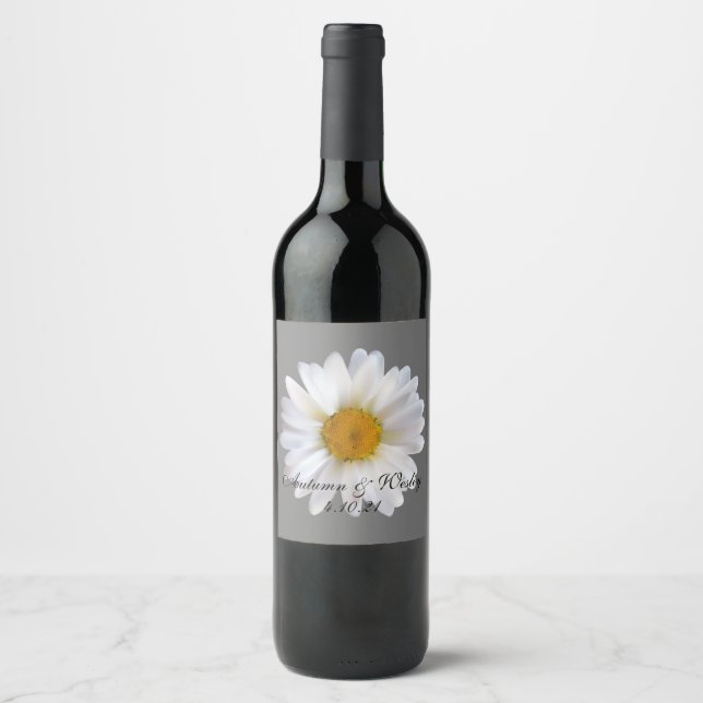 Soft White Daisy on Grey Wedding  Wine Label (Front)