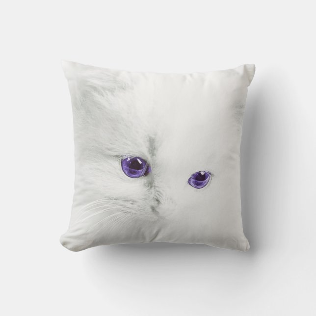Soft White Kitten with Purple Eyes Cushion (Front)