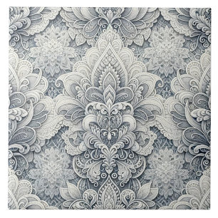 Soft White Lace, Silver Accents, Seamless Luxury Ceramic Tile