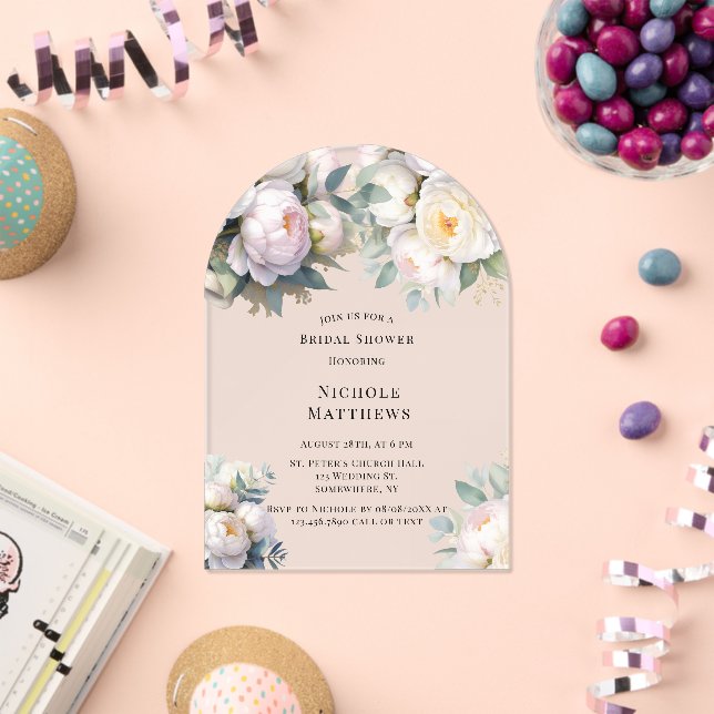 Soft White Peony with Eucalyptus Bachelorette Acrylic Invitations (Insitu (Celebration))