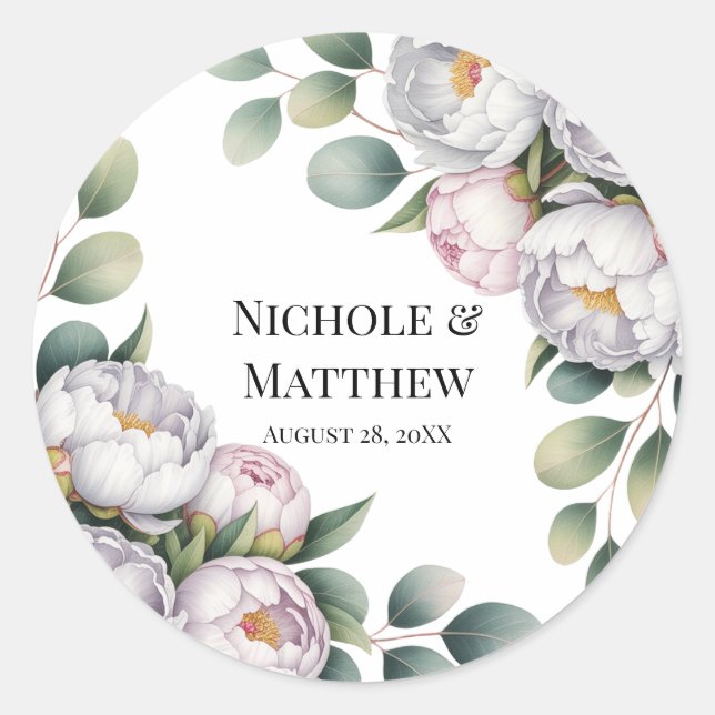 Soft White Peony with Eucalyptus Leaves Wedding Classic Round Sticker (Front)