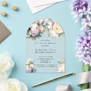 Soft White Peony with Eucalyptus Wedding Acrylic Invitations