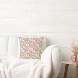 Soft White, Pink, and Blue Flowers on Grey Cushion