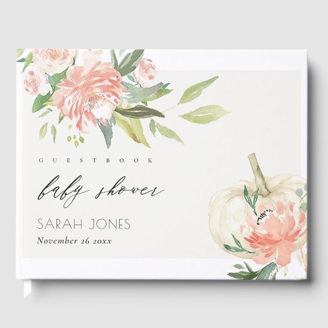 Soft White Pumpkin Blush Floral Baby Shower Guest Book (Front)
