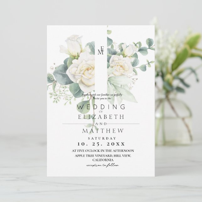 Soft White Rose and Floral  Elegant Wedding Invitation (Standing Front)