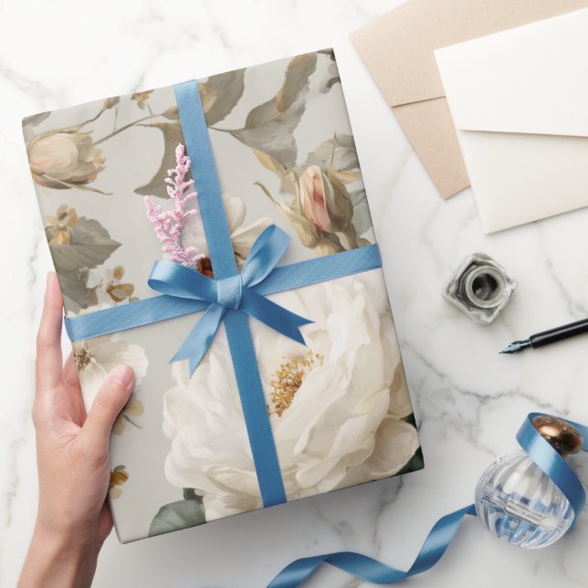 Soft White Rose Beige Floral Pattern  Wrapping Paper (Gifting)