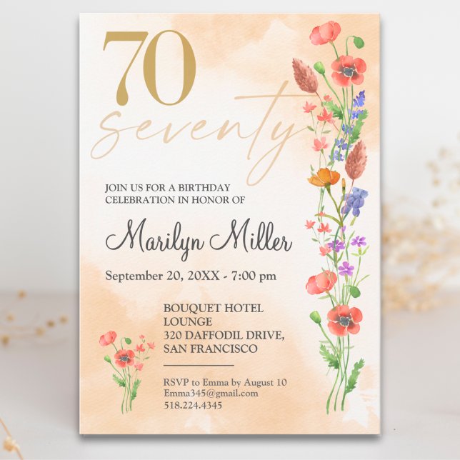 Soft Wildflower 70th Birthday For Her Invitation (Creator Uploaded)