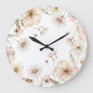 Soft Wildflower Border Watercolor Background Large Clock