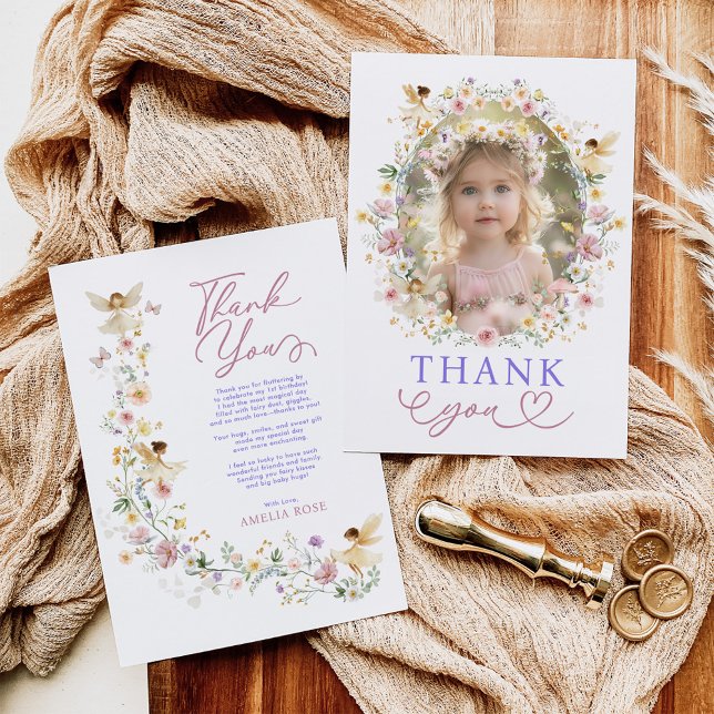 Soft Wildflower Fairy Garden Birthday Party Photo Thank You Card (Creator Uploaded)