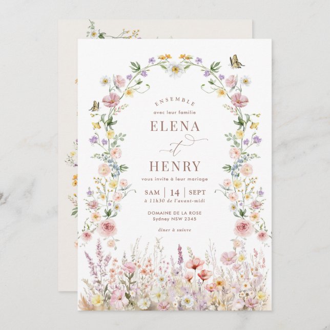 Soft Wildflower Secret Garden Wedding IN FRENCH  Invitation (Front/Back)