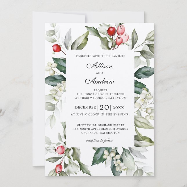 Soft Winter Berry Christmas Wedding Invitation (Front)