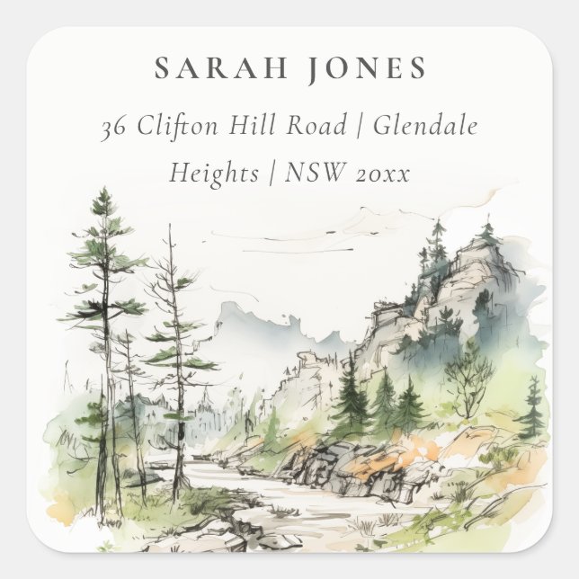 Soft Woods Mountain Landscape Sketch Address Square Sticker (Front)
