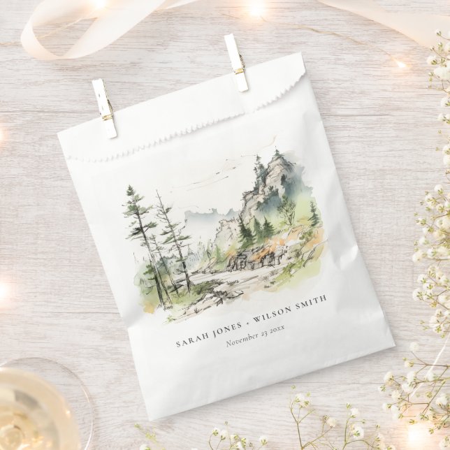 Soft Woods Mountain Landscape Sketch Wedding Favour Bag (Clipped)