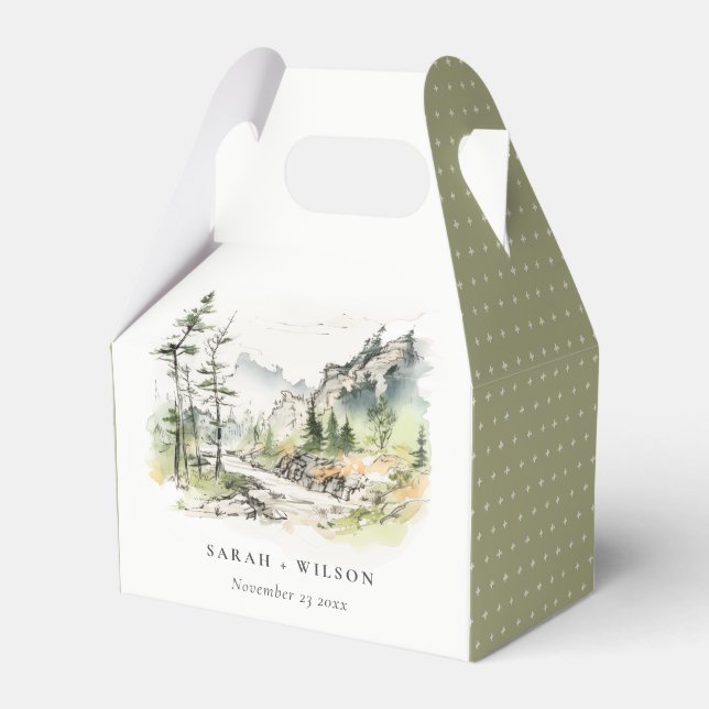 Soft Woods Mountain Landscape Sketch Wedding Favour Box (Front Side)