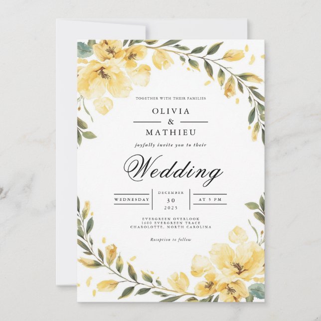 Soft Yellow Bloom Arch Wedding Invitation (Front)