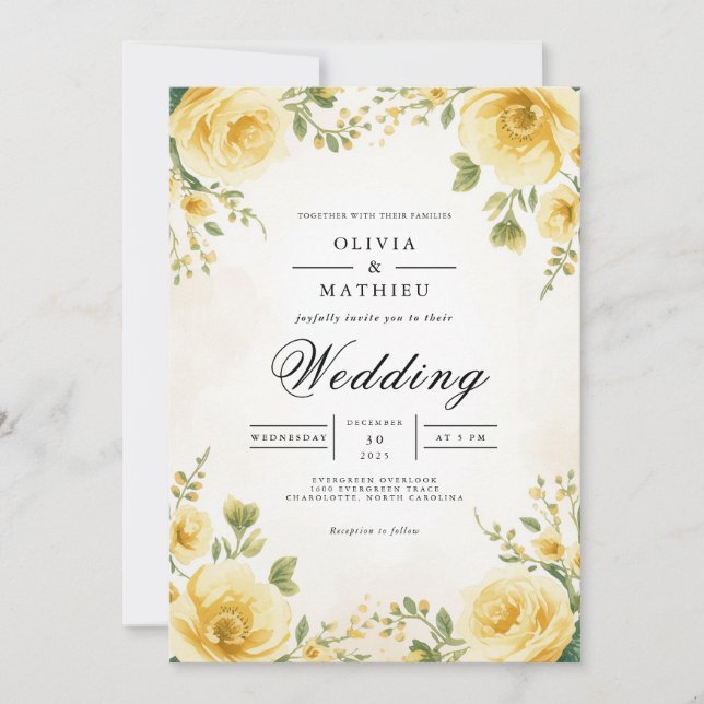 Soft Yellow Bloom Botanical Wedding Invitation (Front)