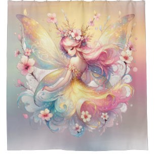 Soft Yellow Floral Fairy Princess Girls Shower Curtain