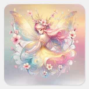 Soft Yellow Floral Fairy Princess Girls Square Sticker