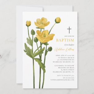 Soft Yellow Flower Blossoms Elegant Script Baptism Invitation