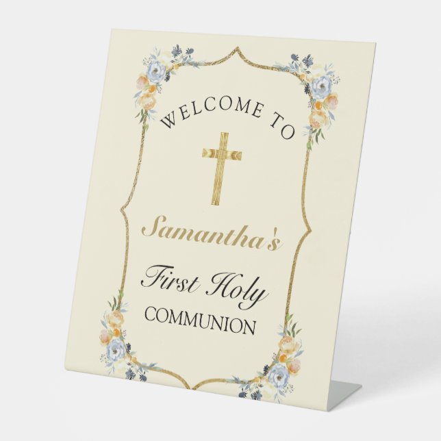 Soft Yellow Gold Cross 1st Communion Welcome Sign (Front)
