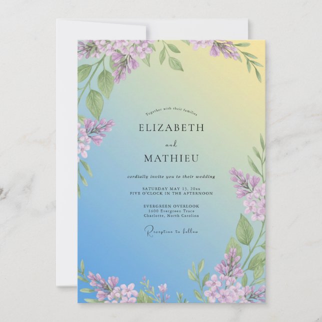 Soft Yellow Lilac Eucalyptus Wedding Invitation (Front)