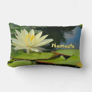 "SOFT YELLOW LOTUS BLOSSOM,GREEN LILY PADS,NAMASTE LUMBAR CUSHION