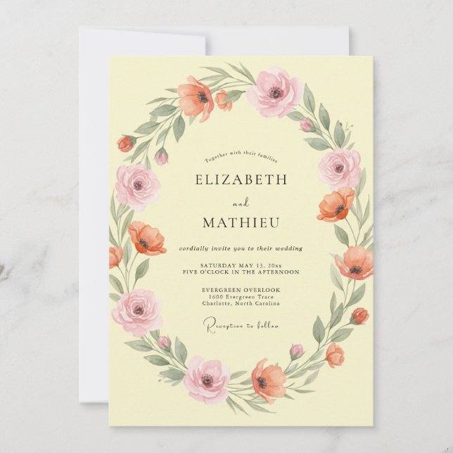Soft Yellow Peach Floral Wedding Invitation (Front)
