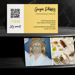 Soft Yellow QR Code 3 Photo Collage Business Card
