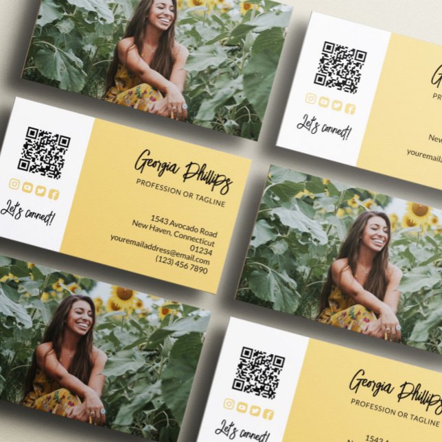 Soft Yellow QR Code Photo Social Media Icons Business Card (Creator Uploaded)