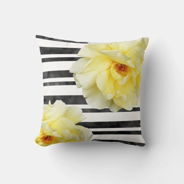 Soft Yellow Rose Black and White Stripes Cushion (Front)