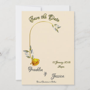 Soft Yellow Rose with Pale Green & Gold Oval Photo Save The Date