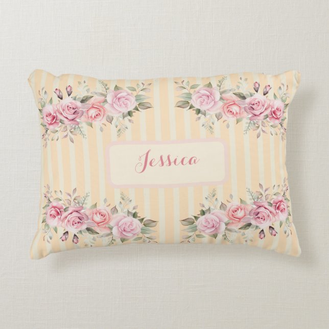 Soft yellow striped  decorative cushion (Front)