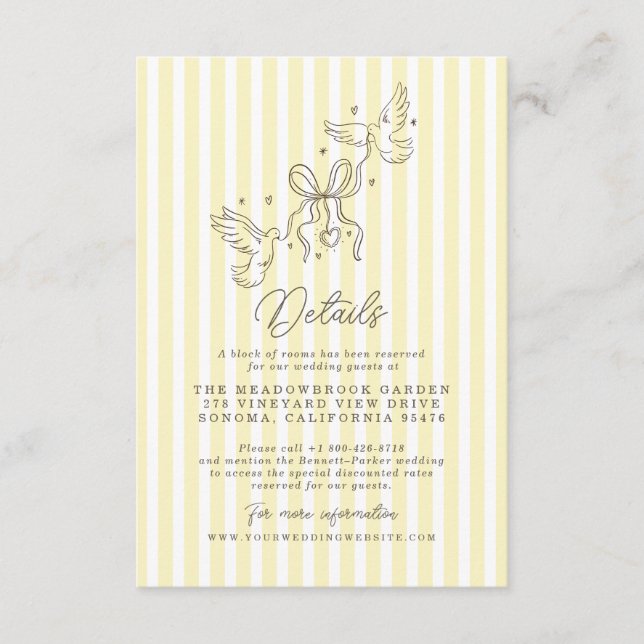 Soft Yellow Striped Whimsical Wedding Details Card (Front)