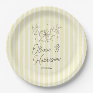 Soft Yellow Striped Whimsical Wedding Paper Plate