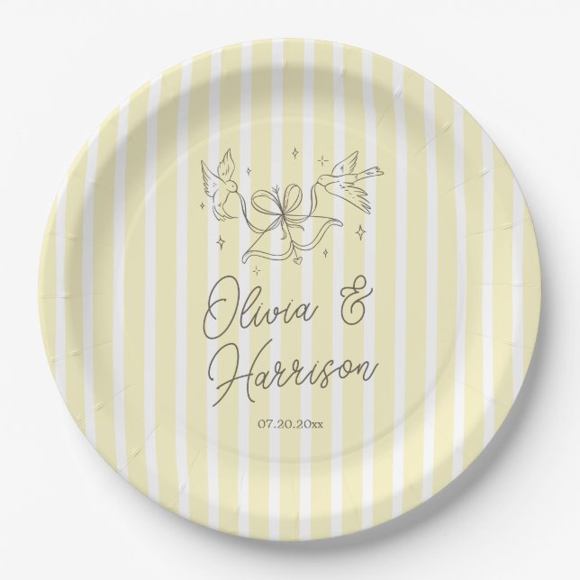 Soft Yellow Striped Whimsical Wedding Paper Plate (Front)