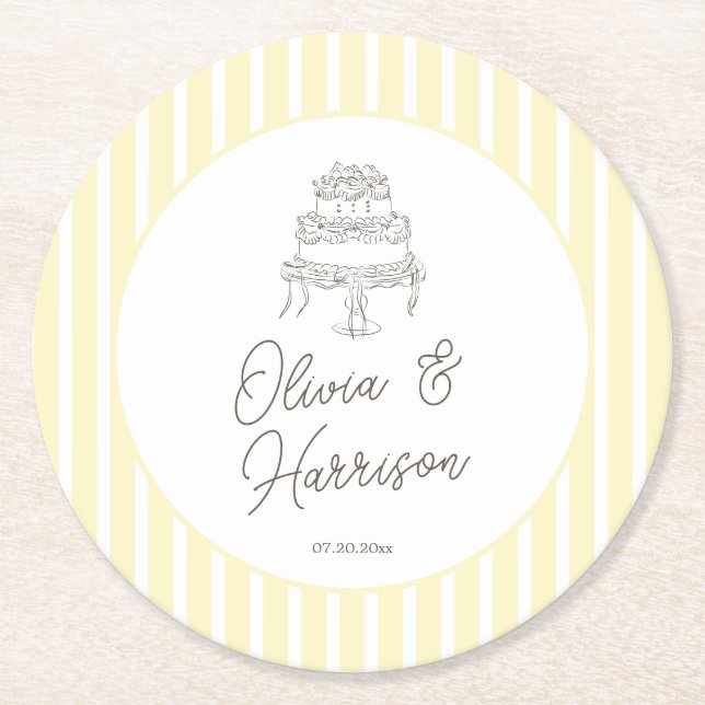 Soft Yellow Striped Whimsical Wedding Round Paper Coaster (Front)
