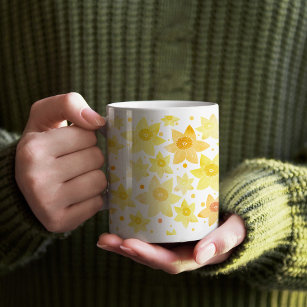 Soft Yellow Watercolour Daffodil & Dots Pattern Large Coffee Mug