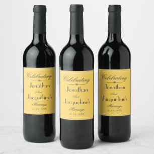 Soft Yellow Wedding Simple Black Script Details Wine Label