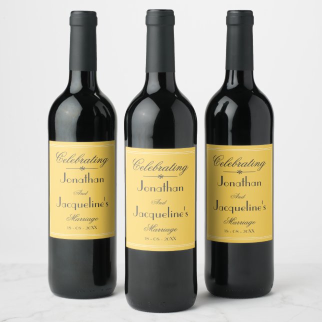 Soft Yellow Wedding Simple Black Script Details Wine Label (Bottles)