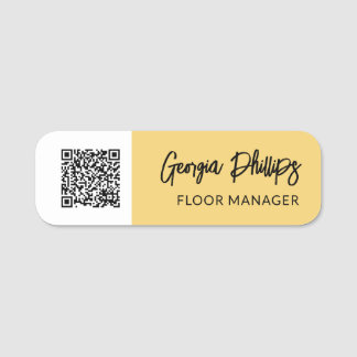 Soft Yellow & White QR Code Brush Script Name Tag