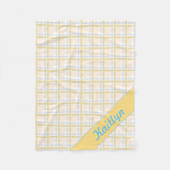 Soft Yellow with Light blue Tartan Striped pattern Fleece Blanket (Front)
