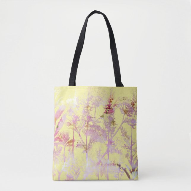 Soft Yellow with Pink Flowers Tote Bag (Front)