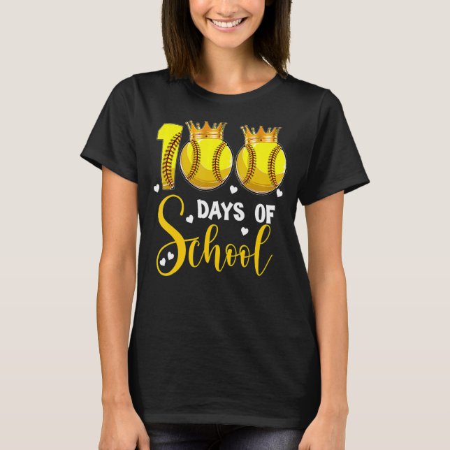 Softball 100 Days of School Happy 100th Day T-Shirt (Front)