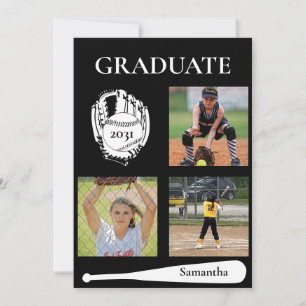 Softball 3 Photo Black Graduation Flat Card
