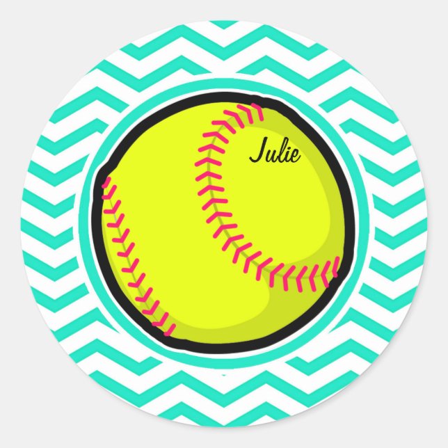 Softball; Aqua Green Chevron Classic Round Sticker (Front)