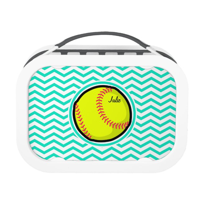 Softball; Aqua Green Chevron Lunch Box (Front)