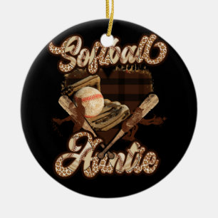 Softball Aunt Heart Proud Softball Auntie Leopard  Ceramic Ornament