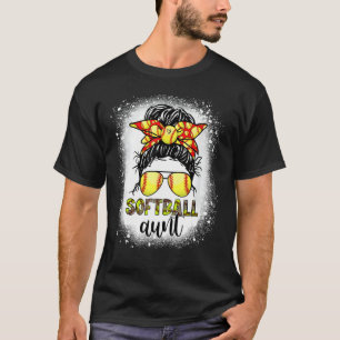 Softball Aunt Messy Bun Leopard Bleached Softball T-Shirt