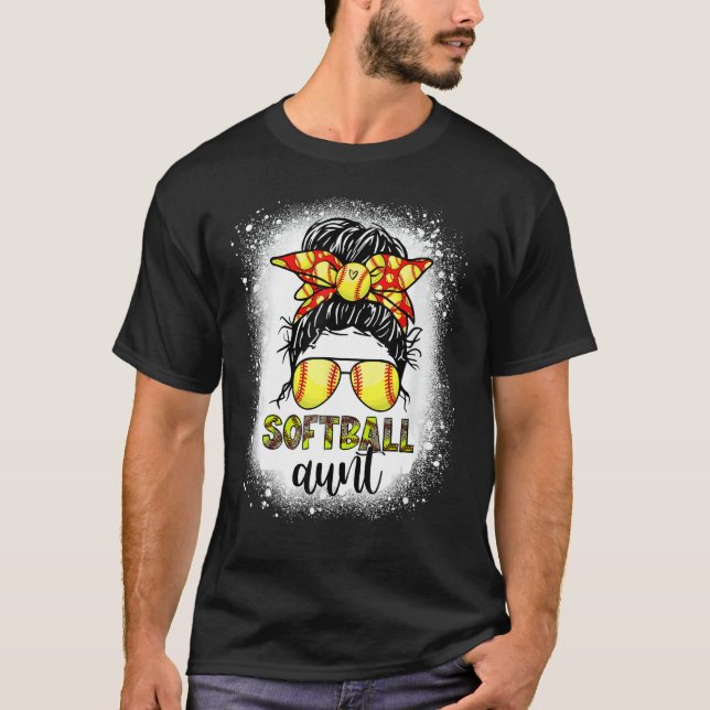 Softball Aunt Messy Bun Leopard Bleached Softball  T-Shirt (Front)
